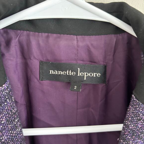 Nanette Lepore Wool Blend Purple Tweed Blazer Twee Academia Preppy Elbow Patch 2 - Picture 3 of 9